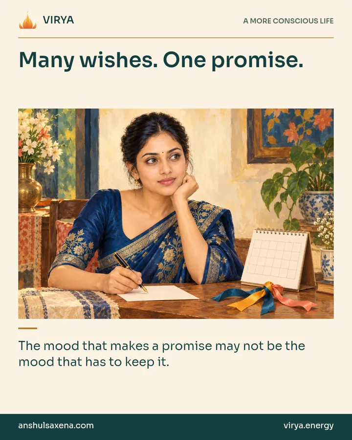 Painting of the recurring young adult Indian woman in an embroidered silk saree, illustrating the many “i’s”. Many wishes. One promise.. The mood that makes a promise may not be the mood that has to keep it.