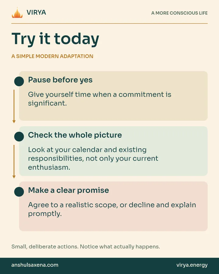 A vertical three-step practice connected by arrows. A simple modern adaptation. Pause before yes: Give yourself time when a commitment is significant.