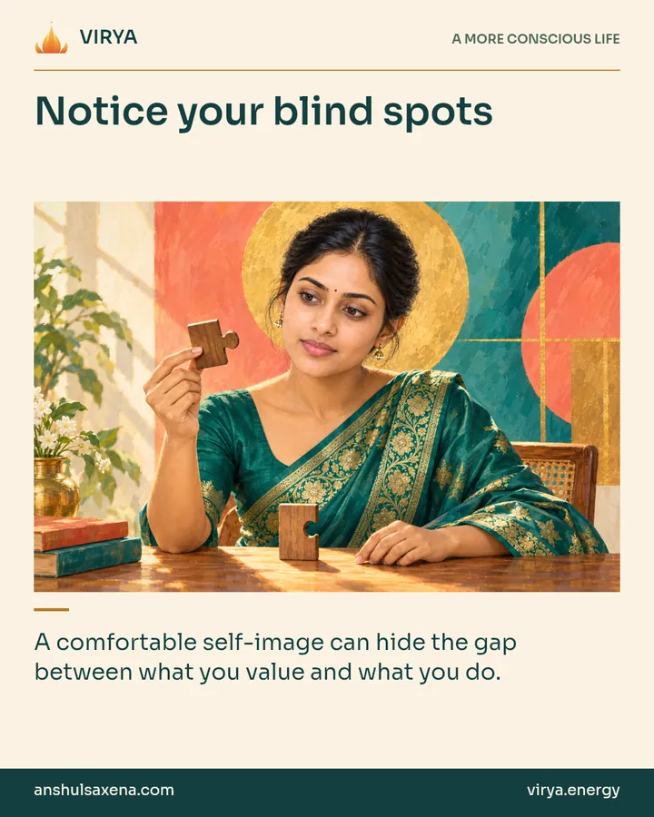 Painting of the recurring young adult Indian woman in an embroidered silk saree, illustrating psychological “buffers”. Notice your blind spots. A comfortable self-image can hide the gap between what you value and what you do.