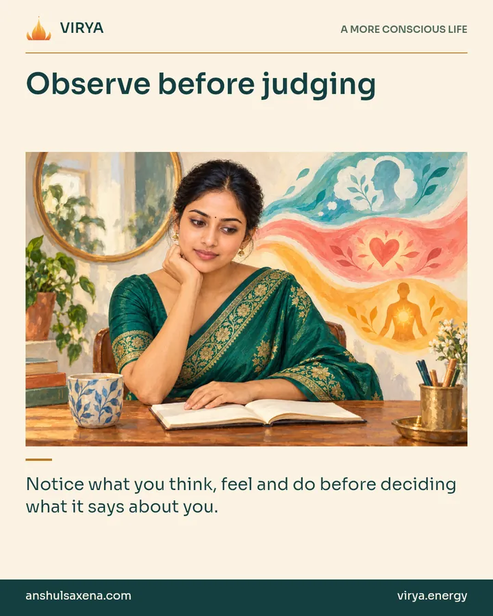 Painting of the recurring young adult Indian woman in an embroidered silk saree, illustrating self-observation. Observe before judging. Notice what you think, feel and do before deciding what it says about you.