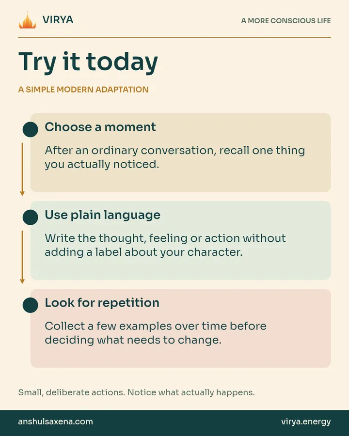 A vertical three-step practice connected by arrows. A simple modern adaptation. Choose a moment: After an ordinary conversation, recall one thing you actually noticed.