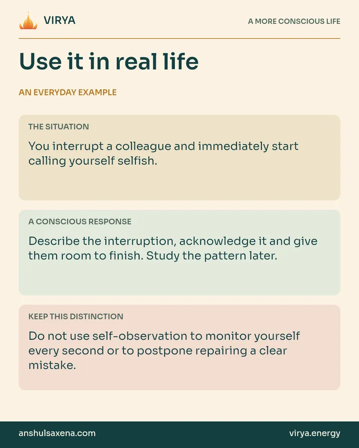 Three panels distinguish an everyday situation, a deliberate response and an important boundary. You interrupt a colleague and immediately start calling yourself selfish.