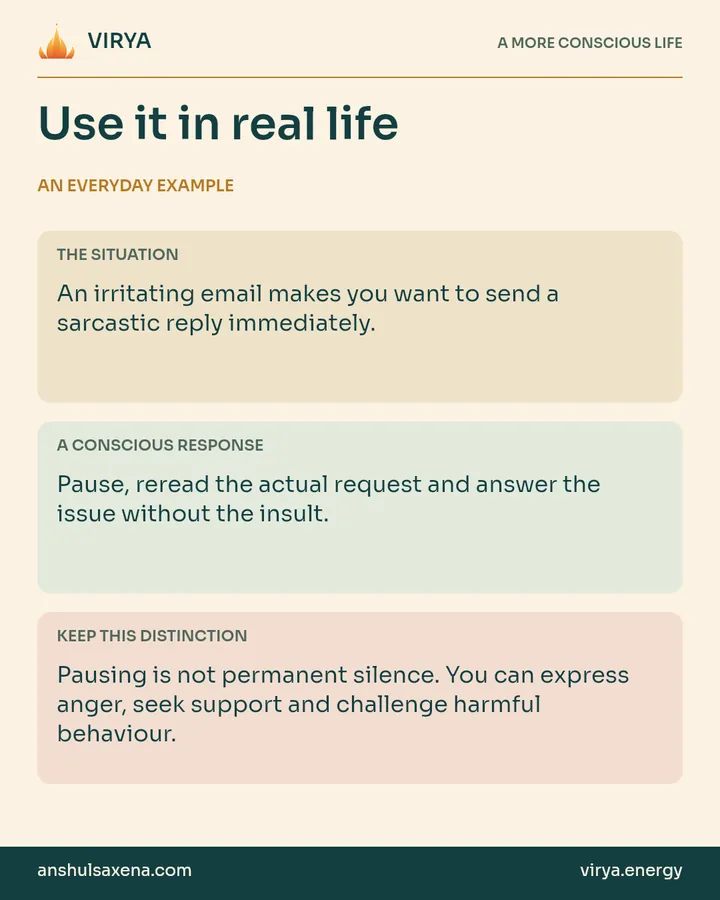 Three panels distinguish an everyday situation, a deliberate response and an important boundary. An irritating email makes you want to send a sarcastic reply immediately.