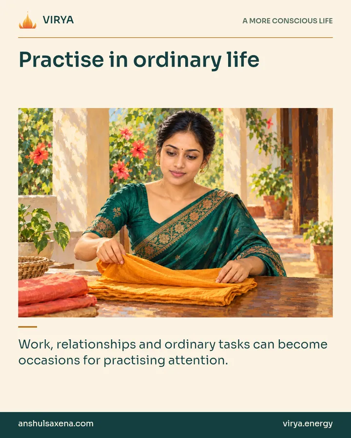 Painting of the recurring young adult Indian woman in an embroidered silk saree, illustrating the fourth way and small efforts. Practice in ordinary life. Work, relationships and ordinary tasks can become occasions for practicing attention.