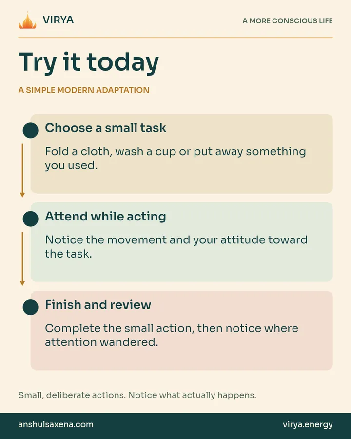 A vertical three-step practice connected by arrows. A simple modern adaptation. Choose a small task: Fold a cloth, wash a cup or put away something you used.