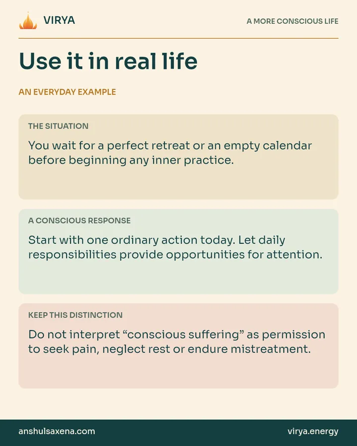 Three panels distinguish an everyday situation, a deliberate response and an important boundary. You wait for a perfect retreat or an empty calendar before beginning any inner practice.
