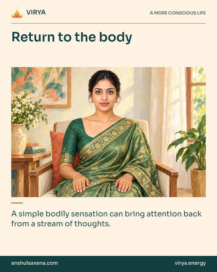 Painting of the recurring young adult Indian woman in an embroidered silk saree, illustrating attention, relaxation and sensing. Return to the body. A simple bodily sensation can bring attention back from a stream of thoughts.
