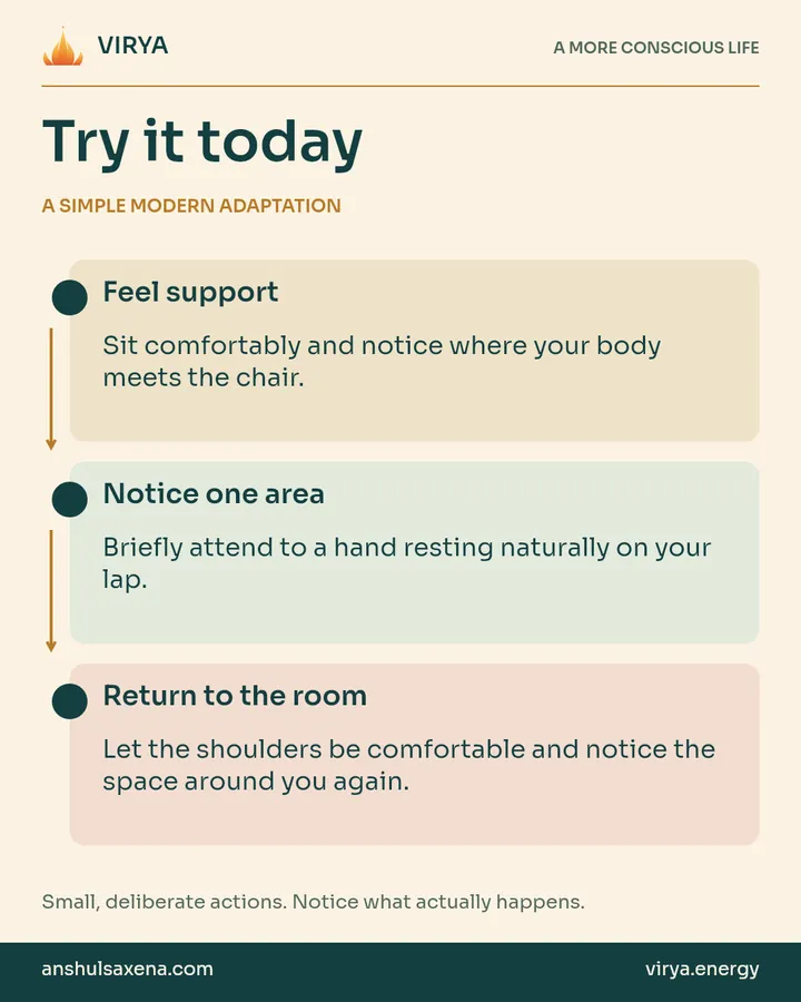 A vertical three-step practice connected by arrows. A simple modern adaptation. Feel support: Sit comfortably and notice where your body meets the chair.