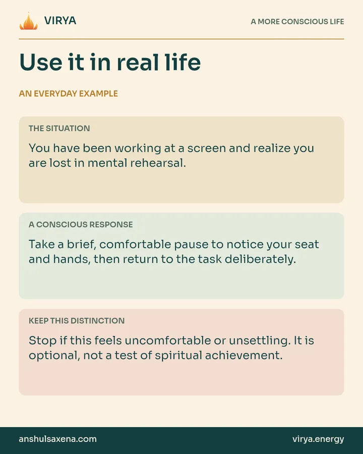 Three panels distinguish an everyday situation, a deliberate response and an important boundary. You have been working at a screen and realize you are lost in mental rehearsal.