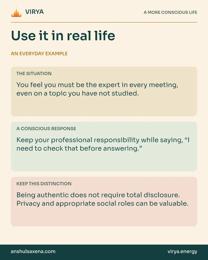 Three panels distinguish an everyday situation, a deliberate response and an important boundary. You feel you must be the expert in every meeting, even on a topic you have not studied.