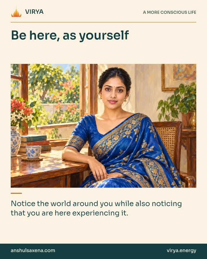 Painting of the recurring young adult Indian woman in an embroidered silk saree, illustrating self-remembering. Be here, as yourself. Notice the world around you while also noticing that you are here experiencing it.