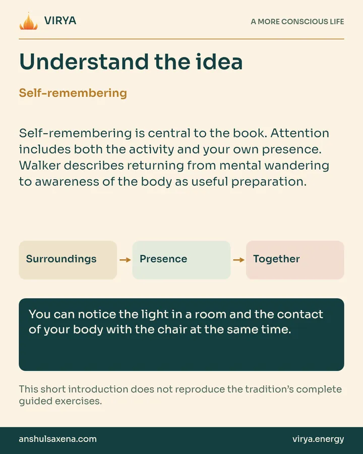 Explanation and three connected boxes: Surroundings to Presence to Together. Self-remembering. Self-remembering is central to the book. Attention includes both the activity and your own presence. Walker describes returning from mental wandering to awareness of the body as useful preparation. You can notice the light in a room and the contact of your body with the chair at the same time. This short introduction does not reproduce the tradition’s complete guided exercises.