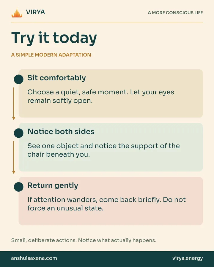 A vertical three-step practice connected by arrows. A simple modern adaptation. Sit comfortably: Choose a quiet, safe moment. Let your eyes remain softly open.