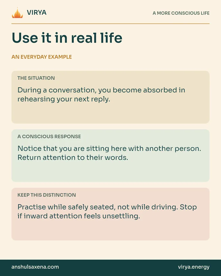 Three panels distinguish an everyday situation, a deliberate response and an important boundary. During a conversation, you become absorbed in rehearsing your next reply.