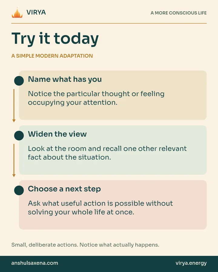 A vertical three-step practice connected by arrows. A simple modern adaptation. Name what has you: Notice the particular thought or feeling occupying your attention.