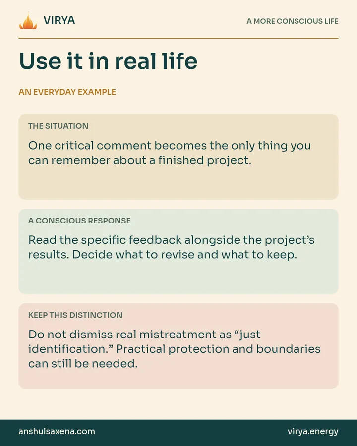 Three panels distinguish an everyday situation, a deliberate response and an important boundary. One critical comment becomes the only thing you can remember about a finished project.