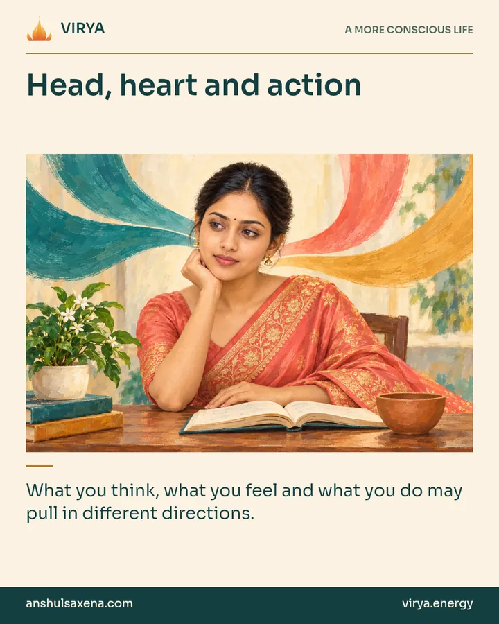 Painting of the recurring young adult Indian woman in an embroidered silk saree, illustrating the different “centers”. Head, heart and action. What you think, what you feel and what you do may pull in different directions.