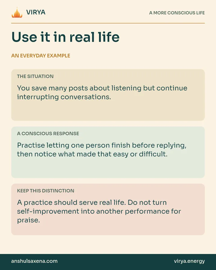 Three panels distinguish an everyday situation, a deliberate response and an important boundary. You save many posts about listening but continue interrupting conversations.