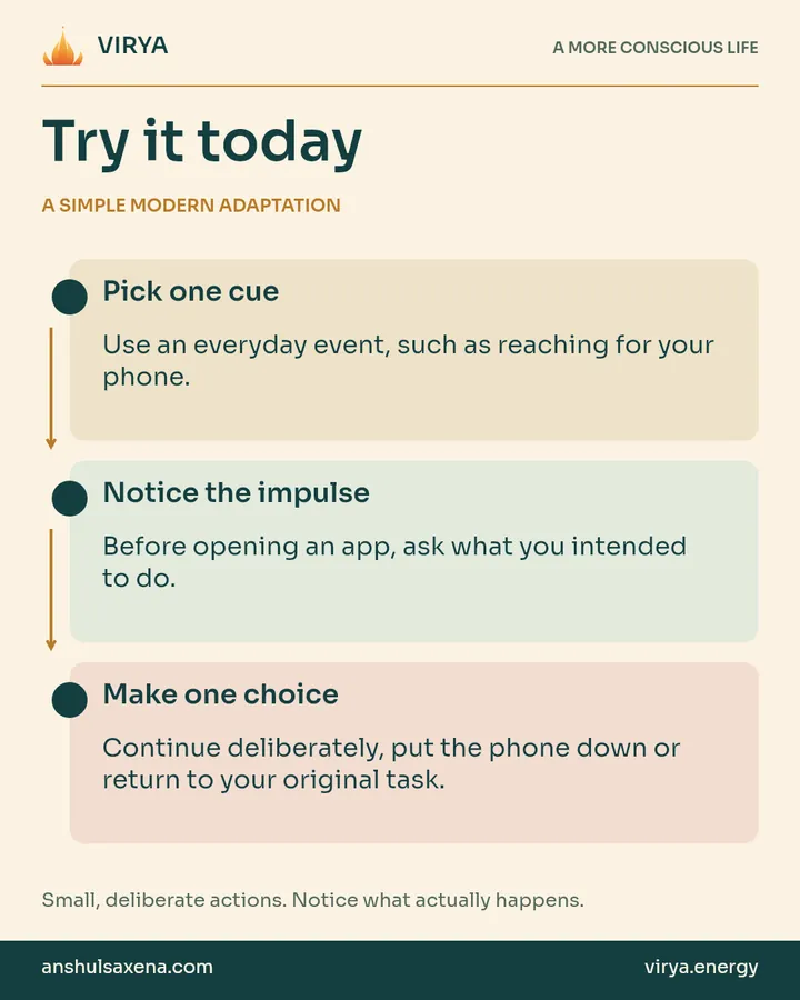 A vertical three-step practice connected by arrows. A simple modern adaptation. Pick one cue: Use an everyday event, such as reaching for your phone.