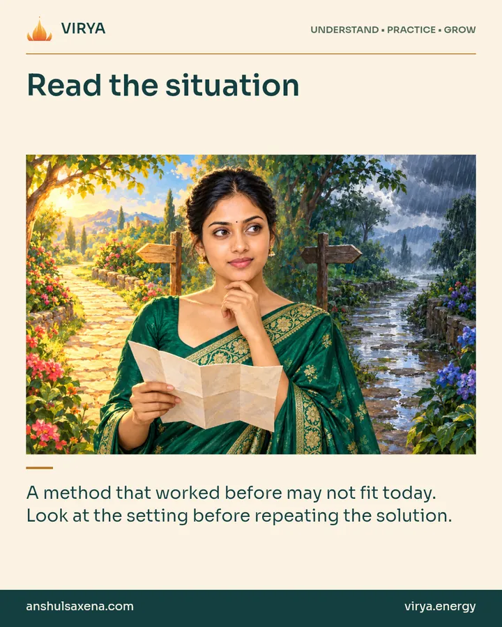 Painting of the recurring young adult Indian woman in an embroidered silk saree, illustrating context changes the plan. Read the situation. A method that worked before may not fit today. Look at the setting before repeating the solution.