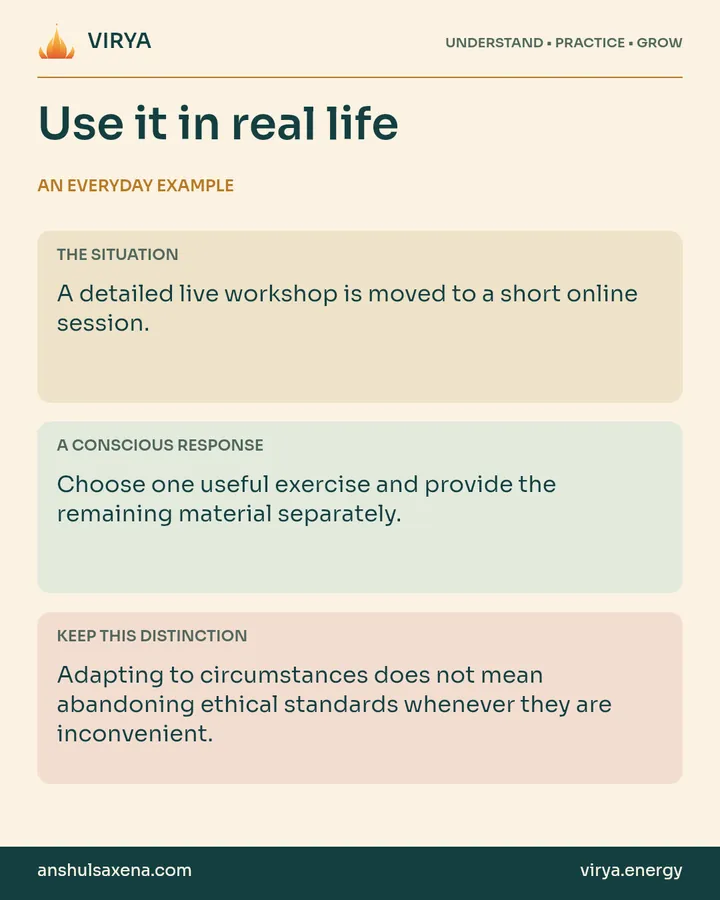 Three panels distinguish an everyday situation, a deliberate response and an important boundary. A detailed live workshop is moved to a short online session.