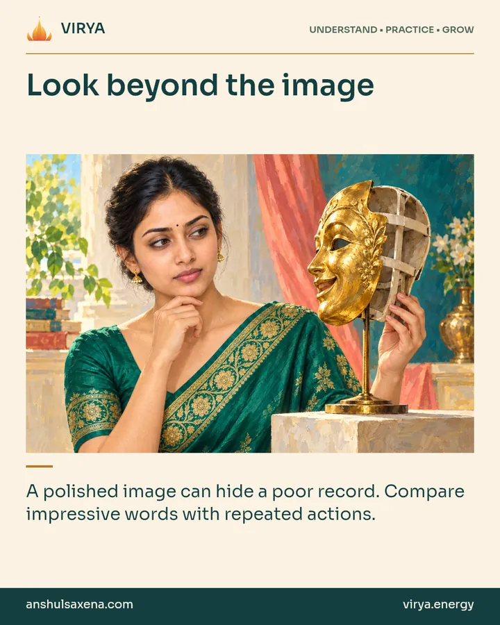 Painting of the recurring young adult Indian woman in an embroidered silk saree, illustrating appearance and conduct. Look beyond the image. A polished image can hide a poor record. Compare impressive words with repeated actions.
