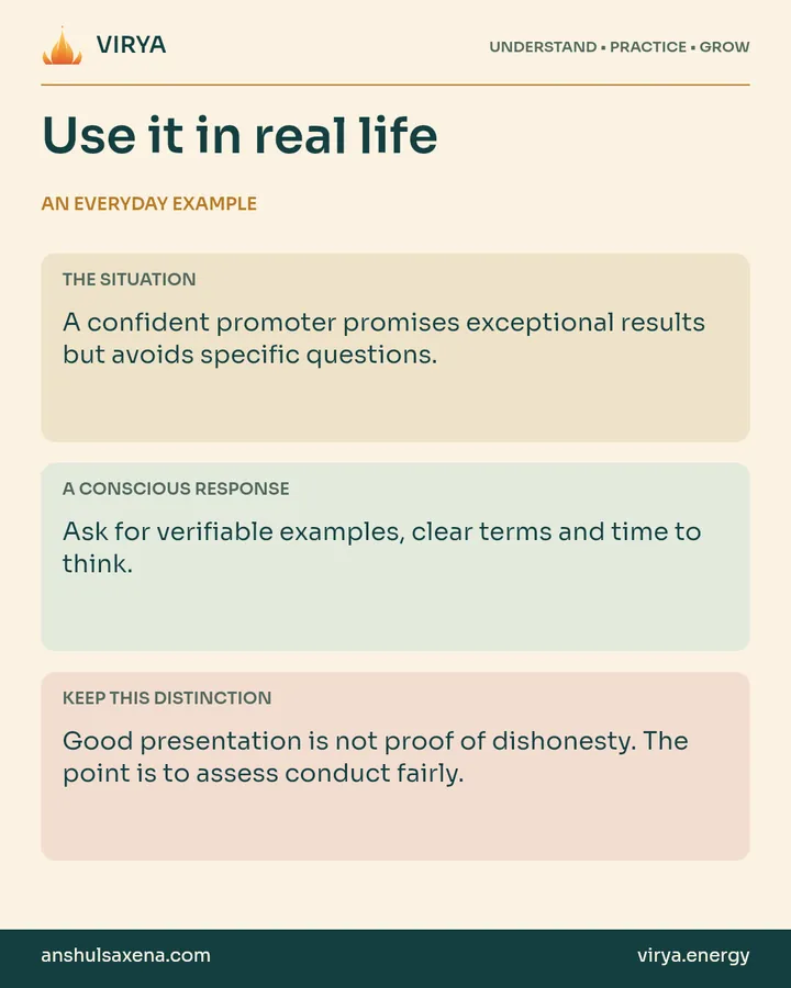 Three panels distinguish an everyday situation, a deliberate response and an important boundary. A confident promoter promises exceptional results but avoids specific questions.