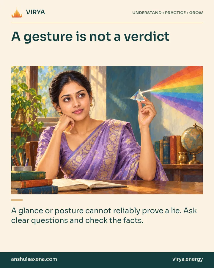 Painting of the recurring young adult Indian woman in an embroidered silk saree, illustrating body language and uncertainty. A gesture is not a verdict. A glance or posture cannot reliably prove a lie. Ask clear questions and check the facts.