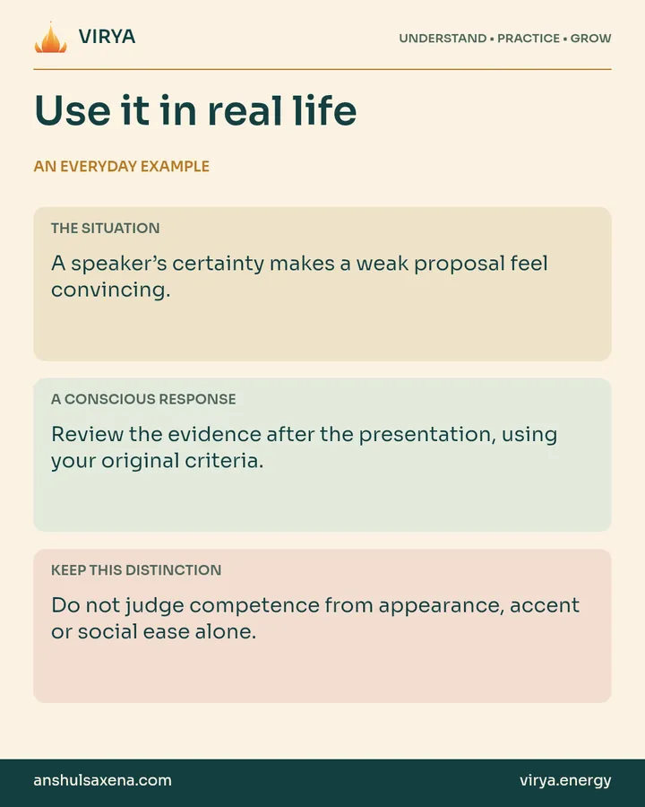Three panels distinguish an everyday situation, a deliberate response and an important boundary. A speaker’s certainty makes a weak proposal feel convincing.