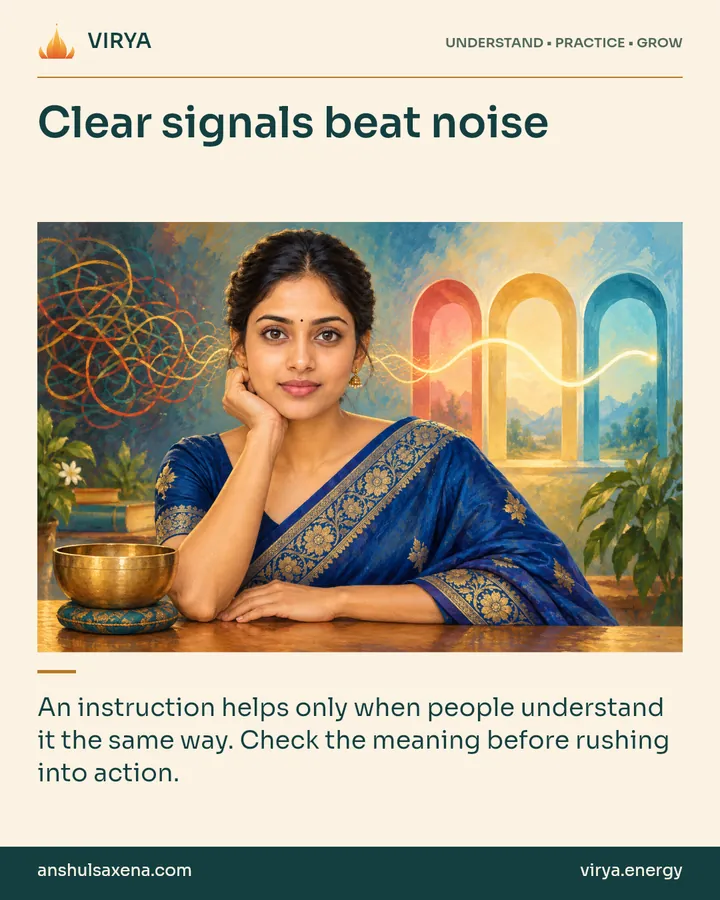 Painting of the recurring young adult Indian woman in an embroidered silk saree, illustrating shared communication. Clear signals beat noise. An instruction helps only when people understand it the same way. Check the meaning before rushing into action.