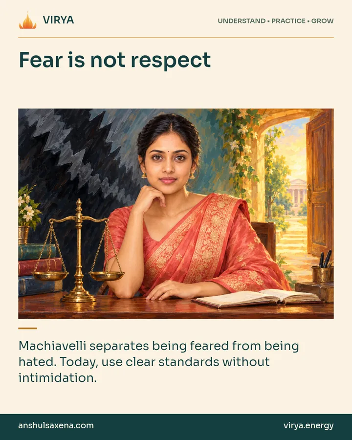 Painting of the recurring young adult Indian woman in an embroidered silk saree, illustrating love, fear and hatred. Fear is not respect. Machiavelli separates being feared from being hated. Today, use clear standards without intimidation.