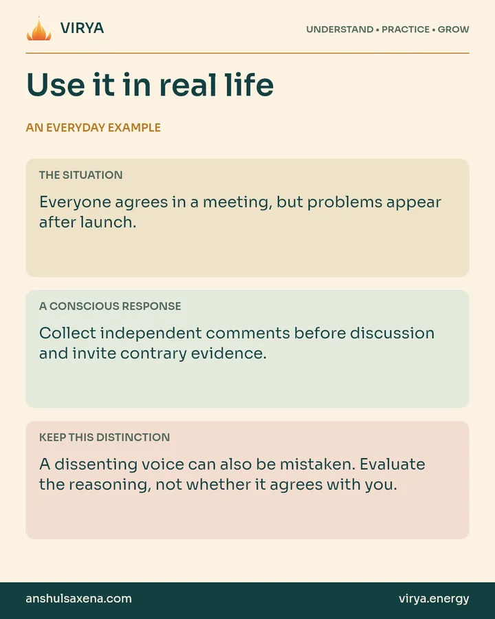 Three panels distinguish an everyday situation, a deliberate response and an important boundary. Everyone agrees in a meeting, but problems appear after launch.