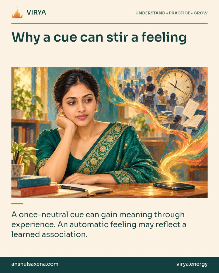 Painting of the recurring young adult Indian woman in an embroidered silk saree, illustrating classical conditioning. Why a cue can stir a feeling. A once-neutral cue can gain meaning through experience. An automatic feeling may reflect a learned association.