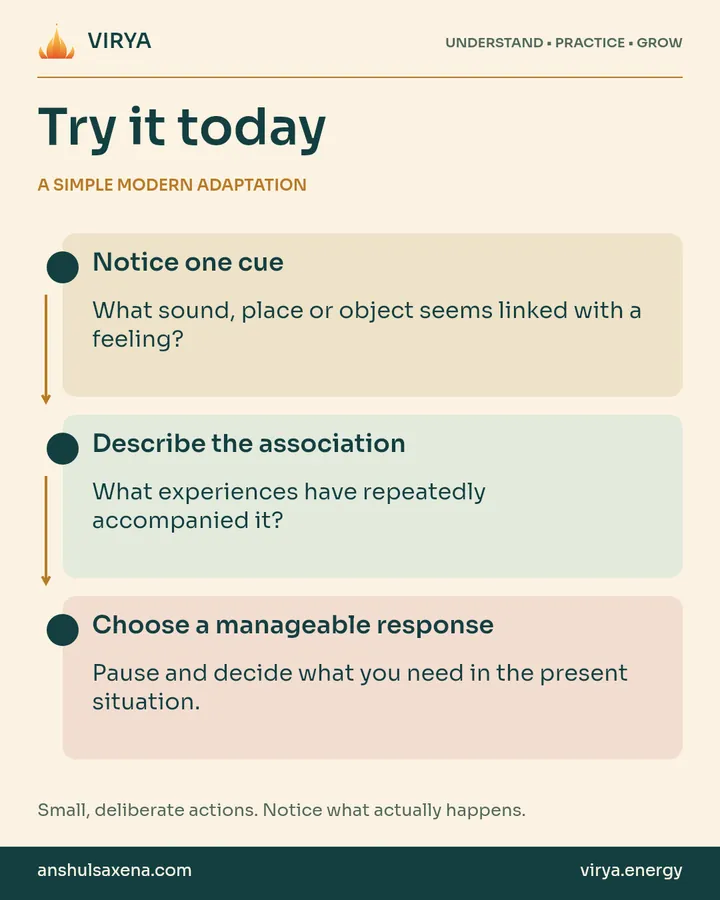 A vertical three-step practice connected by arrows. A simple modern adaptation. Notice one cue: What sound, place or object seems linked with a feeling?