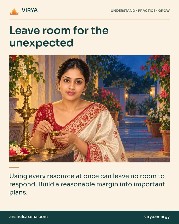 Painting of the recurring young adult Indian woman in an embroidered silk saree, illustrating reserves and restraint. Leave room for the unexpected. Using every resource at once can leave no room to respond. Build a reasonable margin into important plans.