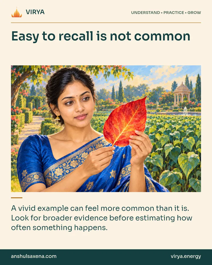 Painting of the recurring young adult Indian woman in an embroidered silk saree, illustrating the availability heuristic. Easy to recall is not common. A vivid example can feel more common than it is. Look for broader evidence before estimating how often something happens.
