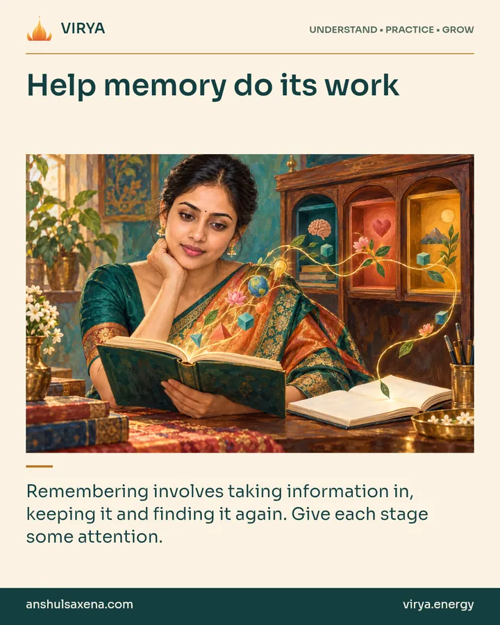 Painting of the recurring young adult Indian woman in an embroidered silk saree, illustrating encoding, storage and retrieval. Help memory do its work. Remembering involves taking information in, keeping it and finding it again. Give each stage some attention.