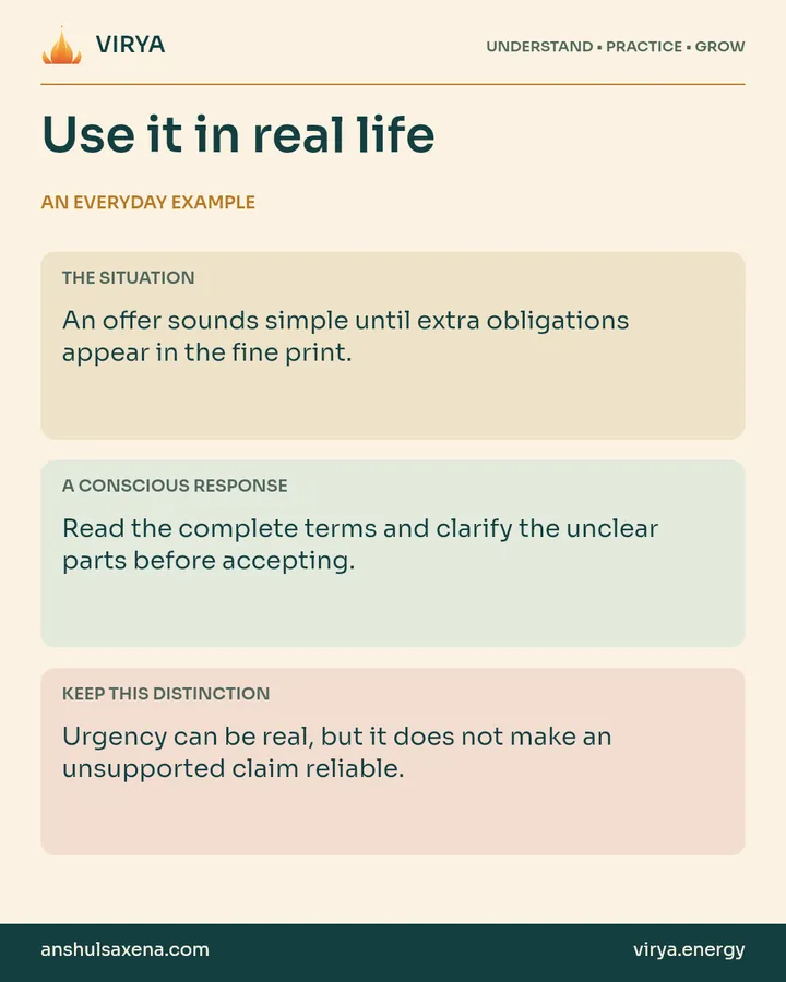 Three panels distinguish an everyday situation, a deliberate response and an important boundary. An offer sounds simple until extra obligations appear in the fine print.