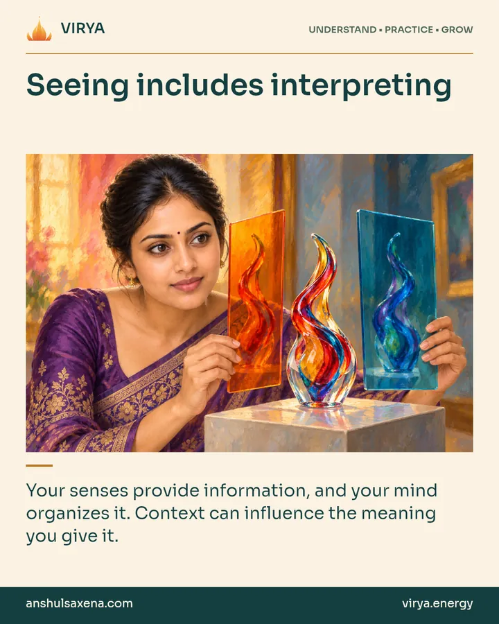 Painting of the recurring young adult Indian woman in an embroidered silk saree, illustrating perception. Seeing includes interpreting. Your senses provide information, and your mind organizes it. Context can influence the meaning you give it.