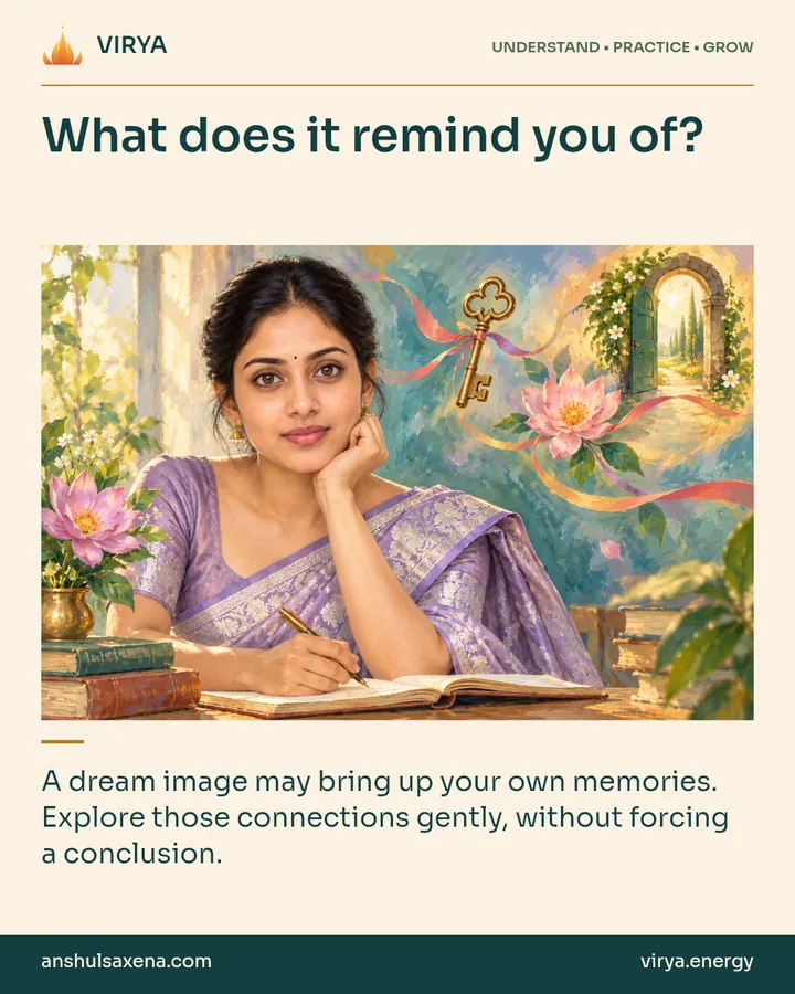 Painting of the recurring young adult Indian woman in an embroidered silk saree, illustrating personal associations. What does it remind you of?. A dream image may bring up your own memories. Explore those connections gently, without forcing a conclusion.