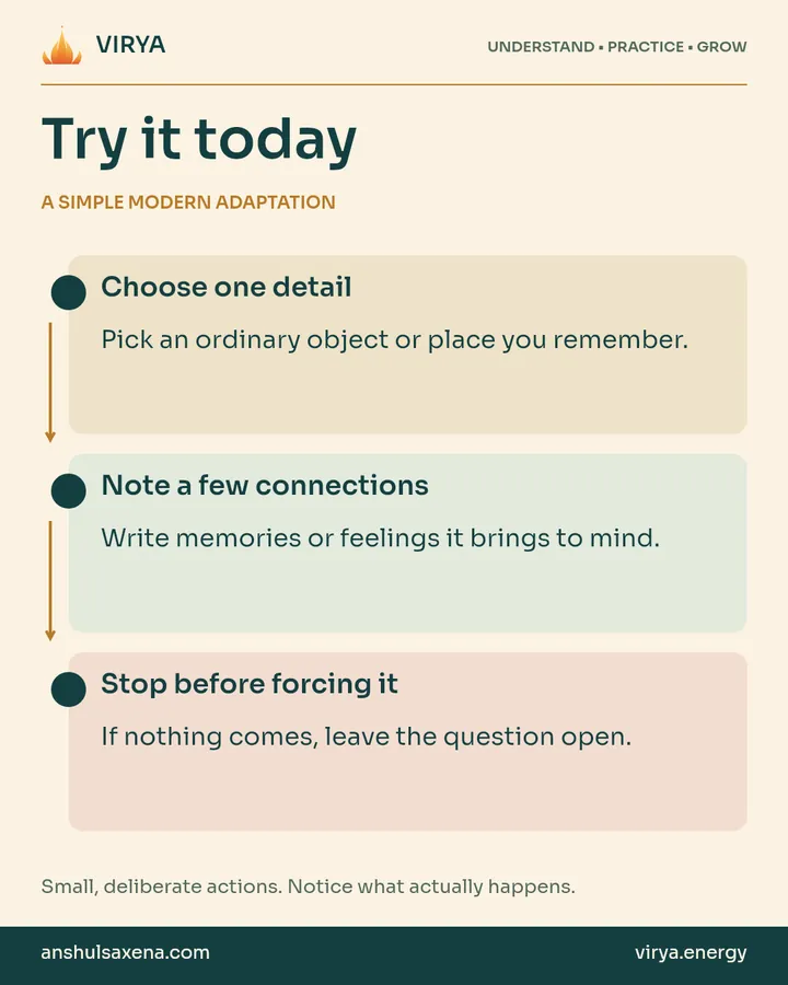 A vertical three-step practice connected by arrows. A simple modern adaptation. Choose one detail: Pick an ordinary object or place you remember.