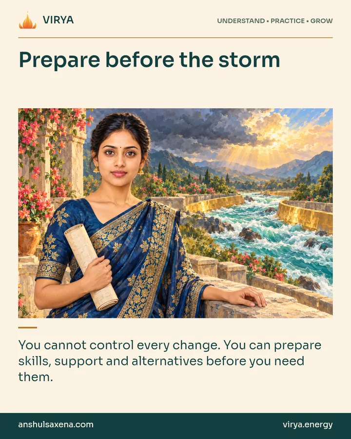 Painting of the recurring young adult Indian woman in an embroidered silk saree, illustrating fortune and preparation. Prepare before the storm. You cannot control every change. You can prepare skills, support and alternatives before you need them.