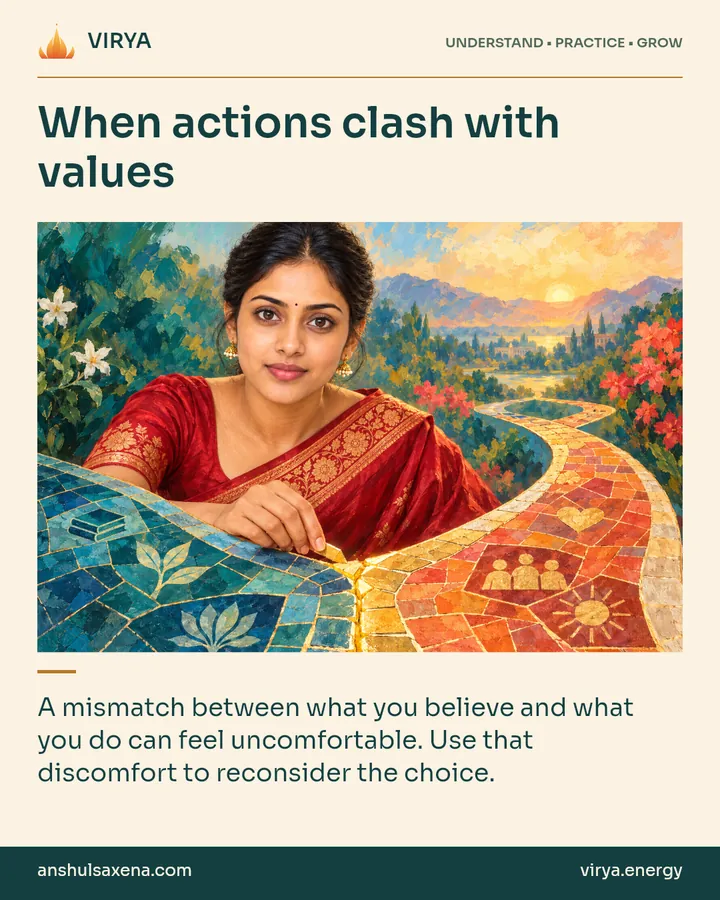 Painting of the recurring young adult Indian woman in an embroidered silk saree, illustrating cognitive dissonance. When actions clash with values. A mismatch between what you believe and what you do can feel uncomfortable. Use that discomfort to reconsider the choice.