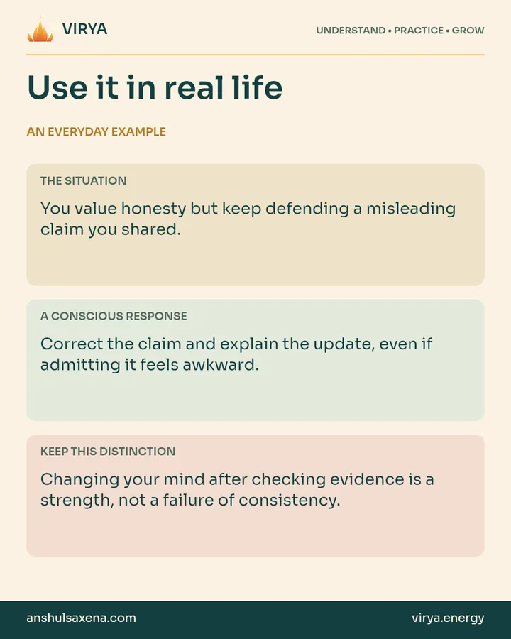 Three panels distinguish an everyday situation, a deliberate response and an important boundary. You value honesty but keep defending a misleading claim you shared.