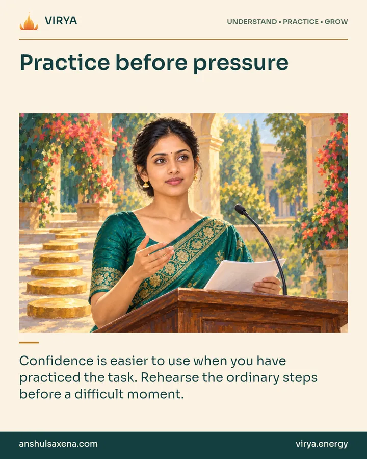 Painting of the recurring young adult Indian woman in an embroidered silk saree, illustrating training and readiness. Practice before pressure. Confidence is easier to use when you have practiced the task. Rehearse the ordinary steps before a difficult moment.