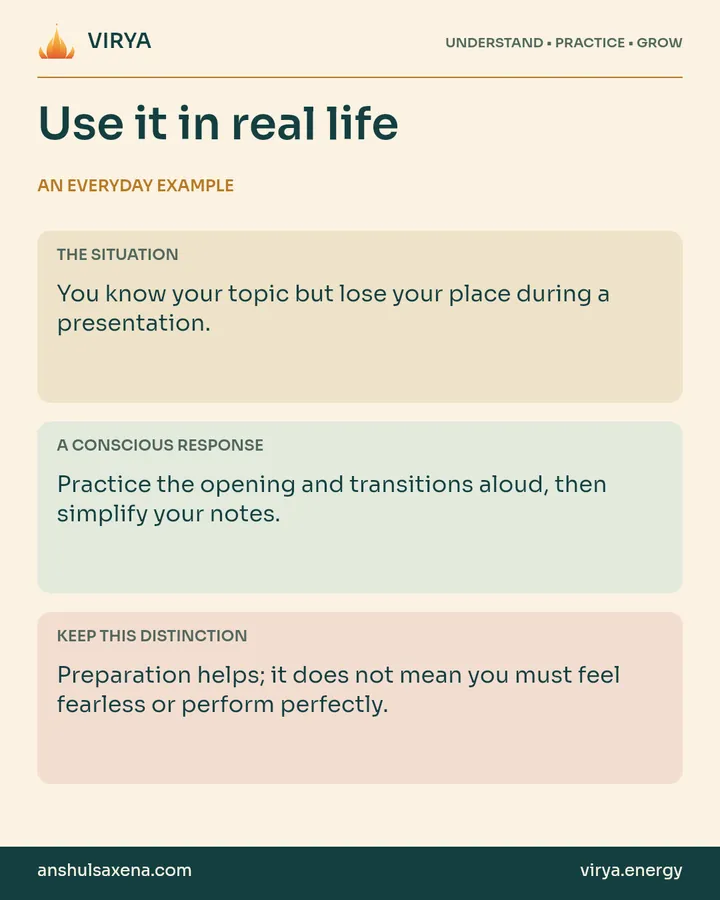 Three panels distinguish an everyday situation, a deliberate response and an important boundary. You know your topic but lose your place during a presentation.