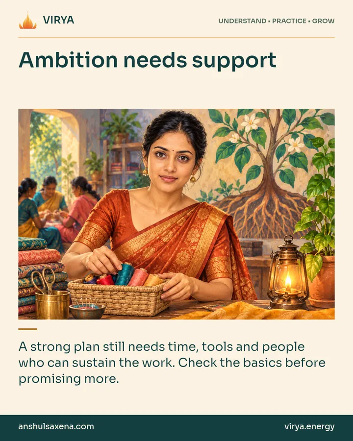 Painting of the recurring young adult Indian woman in an embroidered silk saree, illustrating supplies and capacity. Ambition needs support. A strong plan still needs time, tools and people who can sustain the work. Check the basics before promising more.