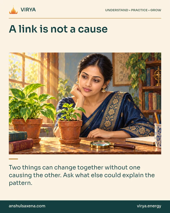 Painting of the recurring young adult Indian woman in an embroidered silk saree, illustrating evidence and research. A link is not a cause. Two things can change together without one causing the other. Ask what else could explain the pattern.
