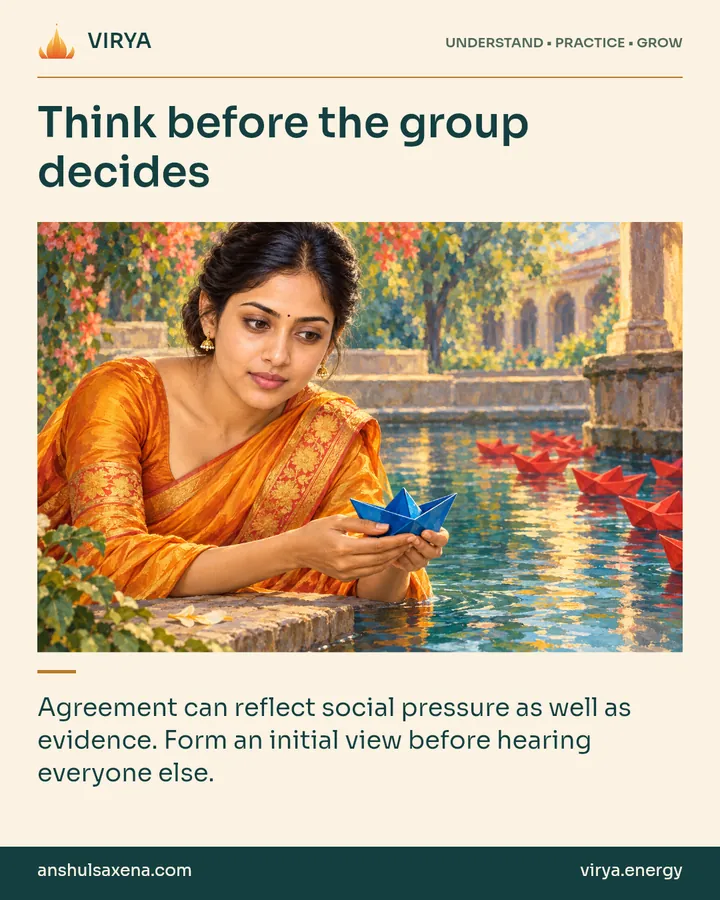 Painting of the recurring young adult Indian woman in an embroidered silk saree, illustrating conformity. Think before the group decides. Agreement can reflect social pressure as well as evidence. Form an initial view before hearing everyone else.