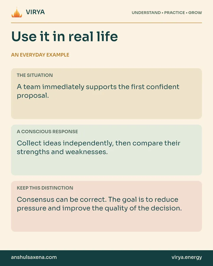 Three panels distinguish an everyday situation, a deliberate response and an important boundary. A team immediately supports the first confident proposal.